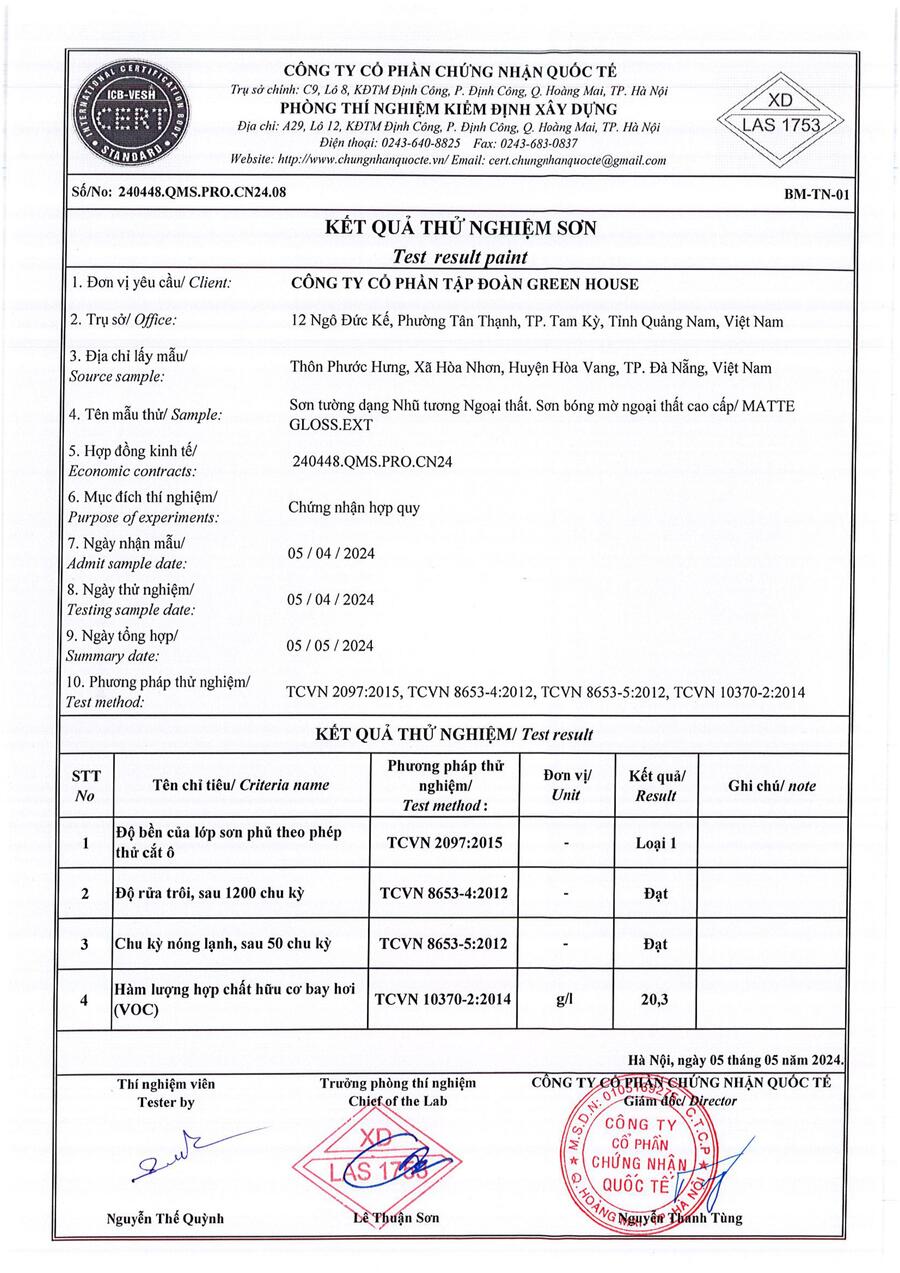đề thí nghiệm sơn greenhouse